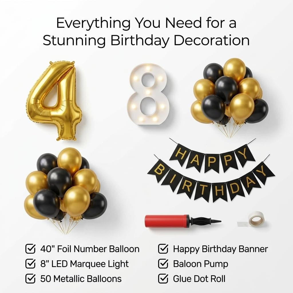 Balloonistics 7th Birthday Decoration Combo Kit - 40 Inch Gold Foil Number Balloon, LED Marquee Light, Black & Gold Balloons, Happy Birthday Banner, Balloon Pump & Glue Dots thumbnail 2