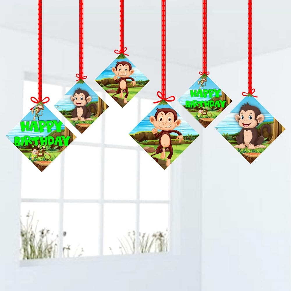 Balloonistics Monkey Theme Party Hangings - Pack of 12 Jungle Safari Ceiling Decorations - Premium Cardstock Animal Cutouts with Swirls, Cute Monkey Birthday Decor for Boys & Girls (Hangings - Pack of 12) thumbnail 1
