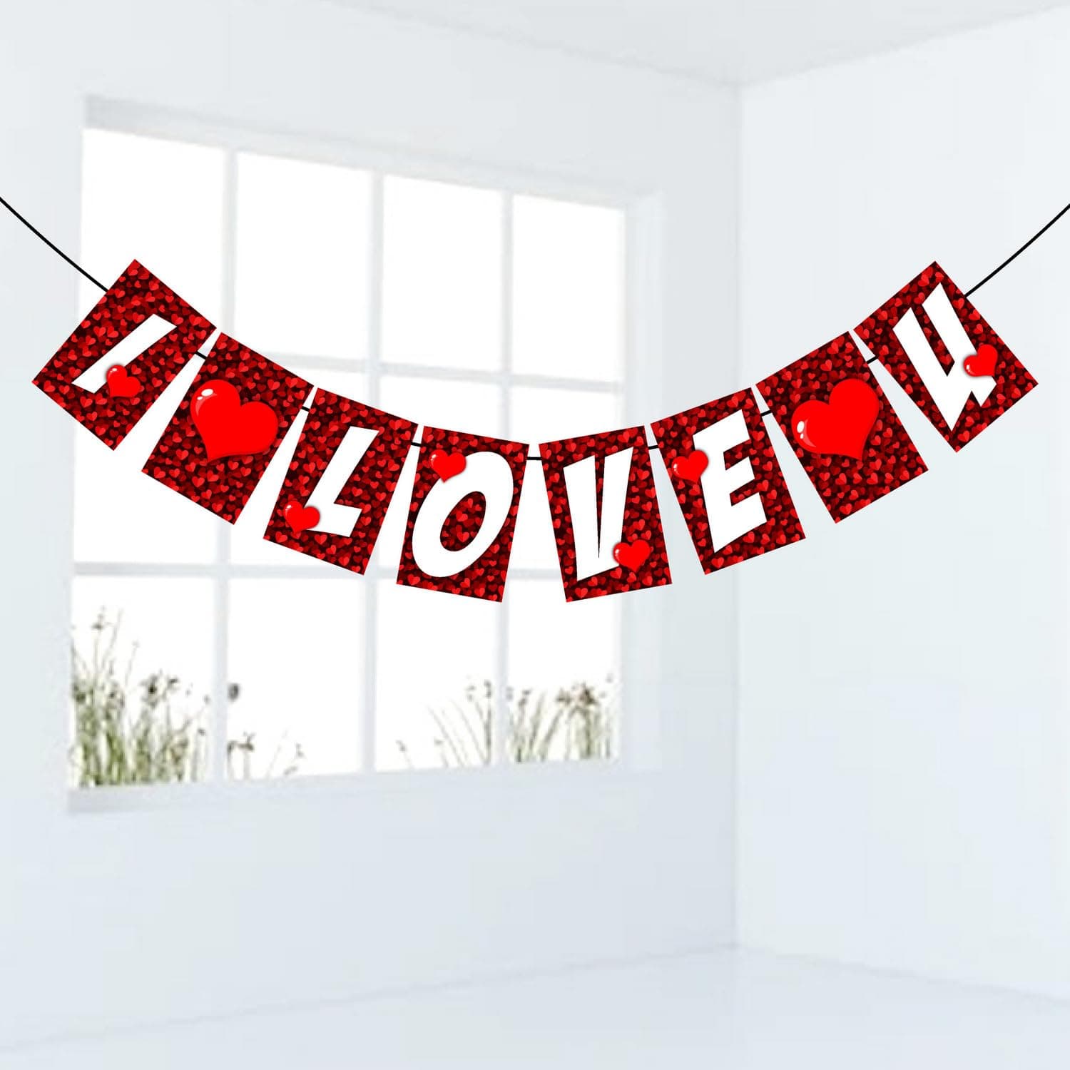 Balloonistics I Love U Banner - Red Glitter Heart Cardstock Bunting - Romantic Anniversary, Proposal & Valentine’s Day Decorations, "I Love You" Love-Themed Backdrop thumbnail 2