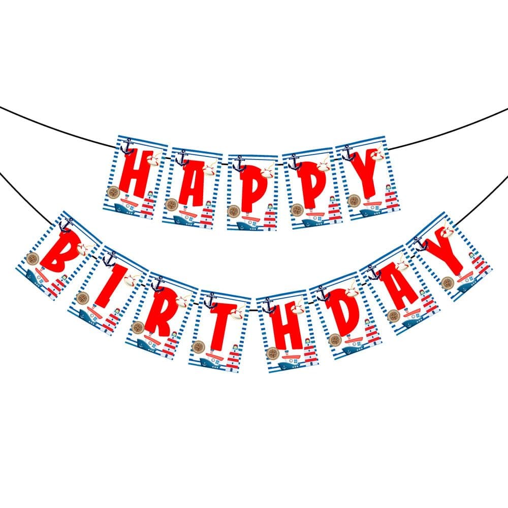 Balloonistics Sailor Theme Happy Birthday Banner – Nautical Navy Blue, Red & White Bunting – Premium Cardstock Anchor & Ship Party Decorations for Kids Birthdays