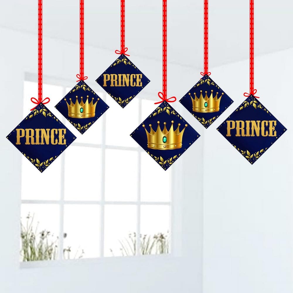 Balloonistics Prince Theme Birthday Party Hangings Double-Sided Cardstock Ceiling Decorations with Ribbons Party Supplies for Boys, Kids Birthday Backdrop (Hangings - Pack of 12) thumbnail 1