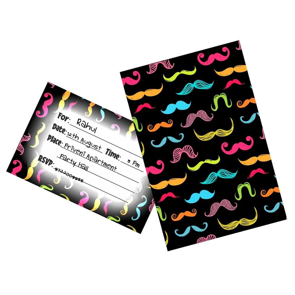 Balloonistics Mustache Theme Birthday- Pack of 10 Double-Sided Cardstock Invites - Dashing Gent & Moustache Bash Birthday Party Supplies, Premium Fill-in-the-Blank Stationery (Invite Cards - Pack of 10)