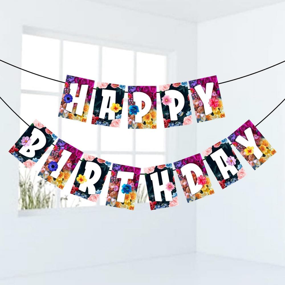 Balloonistics Floral Theme Happy Birthday Banner - Premium Cardstock Garden Party Bunting - Elegant Botanical Flower & Leaf Backdrop for Girls, Women & Spring Birthdays (Happy Birthday Banner)