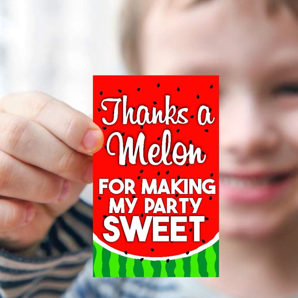 Balloonistics Watermelon Theme Thank You Cards - Pack of 20 Single-Sided Cardstock Return Gift Tags - "Thanks a Melon" Party Favor Notes for One in a Melon Birthdays & Summer Picnics