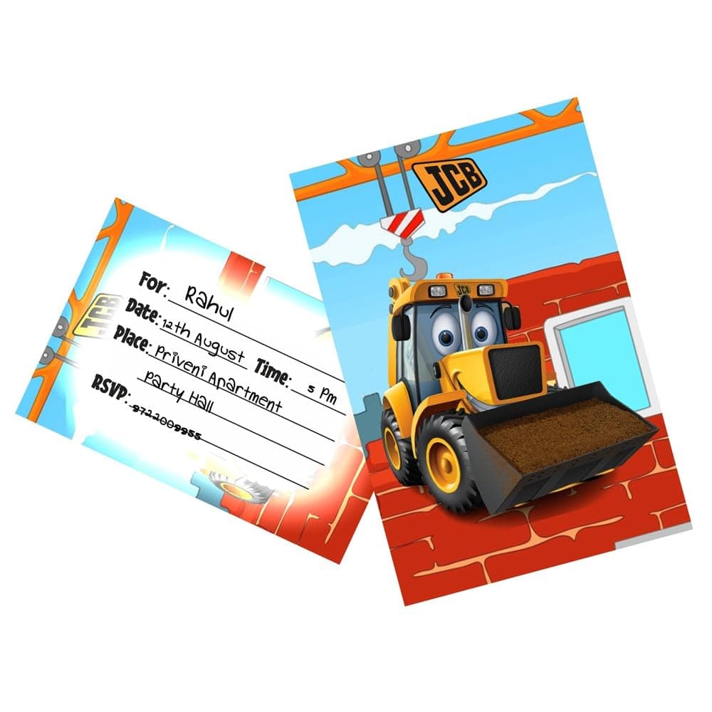 Balloonistics Little JCB Happy Birthday Invitation Cards - Pack of 10 Construction Theme Party Invites - Premium Cardstock "Dig In" Fill-in Invitations, Yellow Excavator & Digger Birthday Supplies (Invite Cards - Pack of 10)