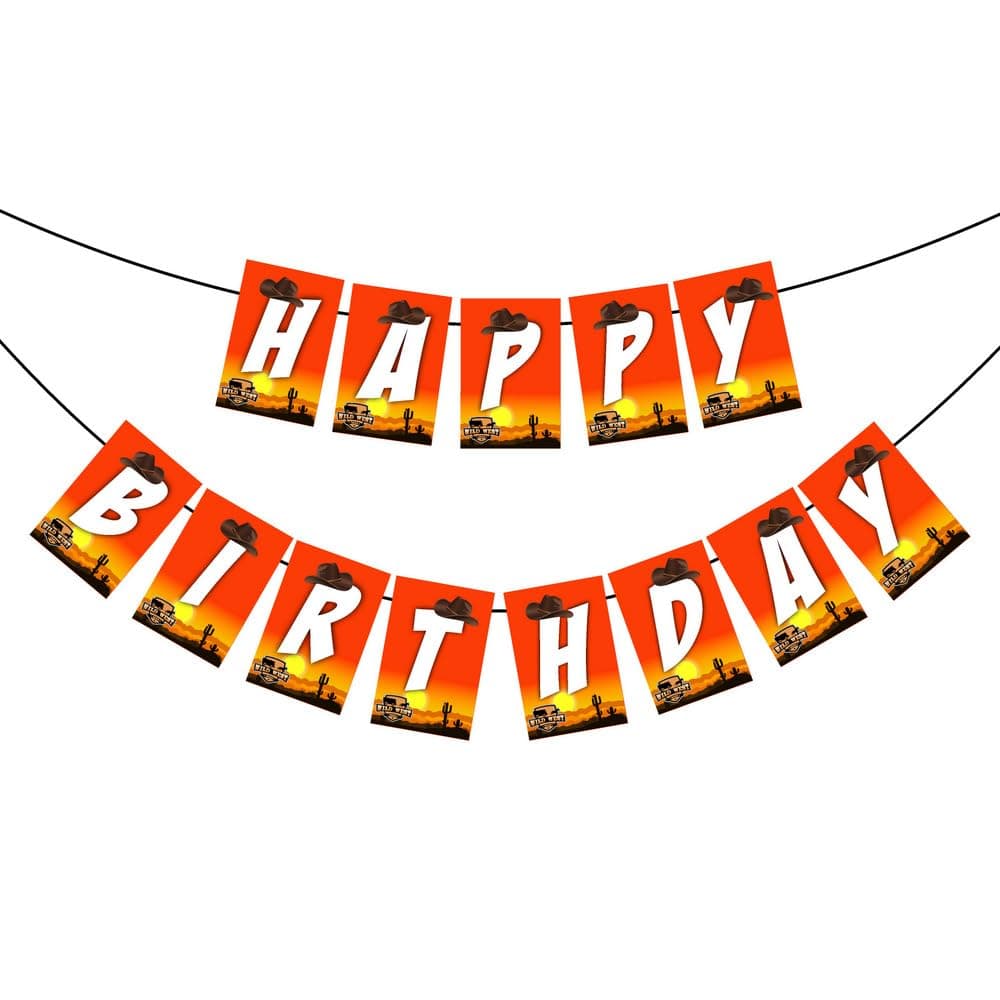 Balloonistics Cowboy Theme Happy Birthday Banner - "Giddy Up" Wild West Party Bunting - Premium Cardstock Western Hat & Horseshoe Birthday Decoration with Ribbons, Rustic Country & Rodeo Backdrop (Happy Birthday Banner) thumbnail 2