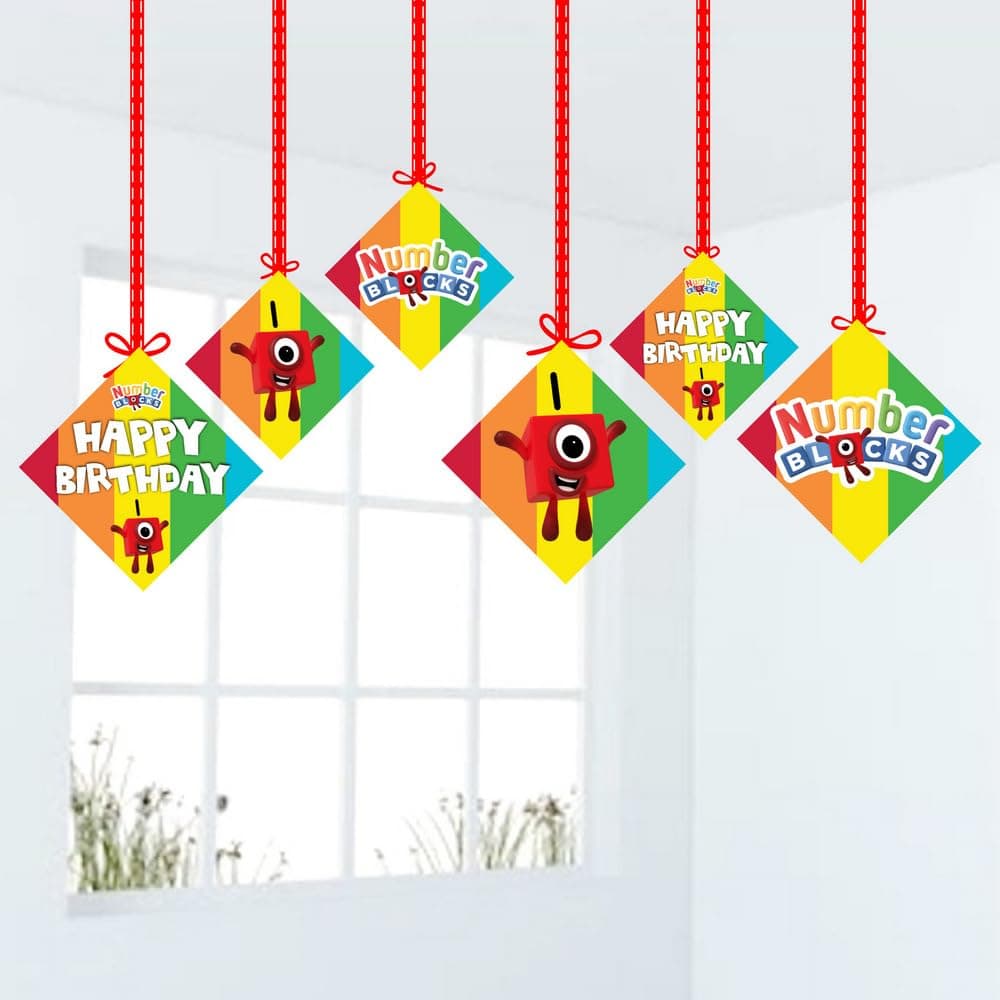 Balloonistics Number Blocks Theme Birthday Hanging Decorations - Pack of 12 Double-Sided Cardstock Cutouts - Math-Powered "Step Squad" Learning Party Decor, Numberland Ceiling Hangings (Hangings - Pack of 12)