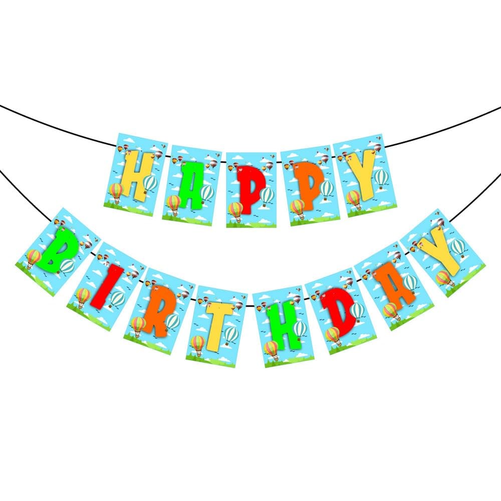 Balloonistics Hot Air Balloon Happy Birthday Banner - Whimsical Up & Away Party Bunting - Premium Cardstock Pastel Sky & Clouds Decoration with Ribbons, Adventure Awaits Birthday Backdrop (Happy Birthday Banner) thumbnail 2