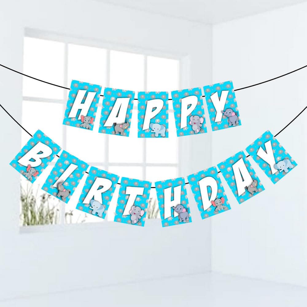 Balloonistics Blue Elephant Theme Happy Birthday Banner – Gentle Giant Safari Bunting – Premium Cardstock Decorations for Boy’s 1st Birthday and Elephant theme thumbnail 1