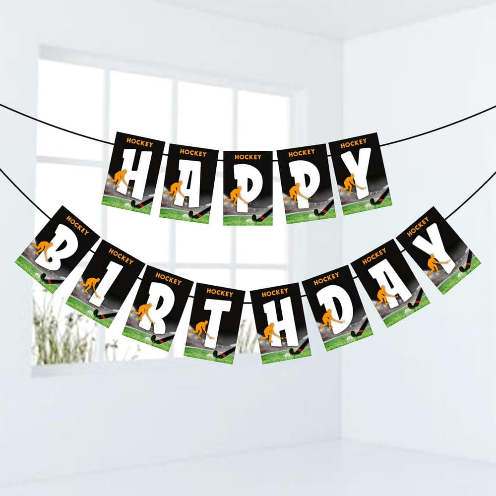 Balloonistics Hockey Theme Happy Birthday Banner - Ice & Field Hockey Cardstock Bunting for Kids and Adults - Slapshot & Game Day Party Supplies, Sports Theme Backdrop Decor thumbnail 1