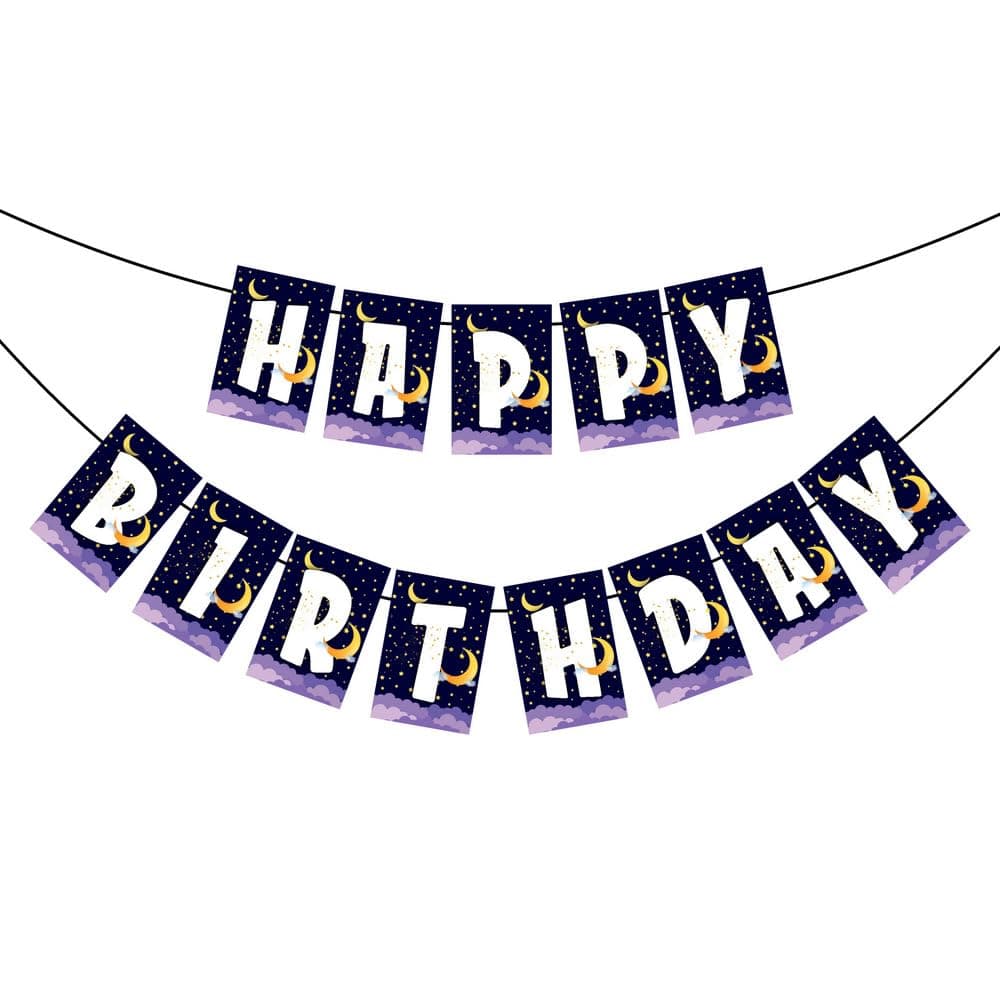 Balloonistics Moon and Stars Happy Birthday Banner - Double-Sided Cardstock Bunting with Ribbon - Twinkle Twinkle Little Star & Celestial Theme Party Decorations, Over the Moon Birthday Backdrop (Happy Birthday Banner) thumbnail 2