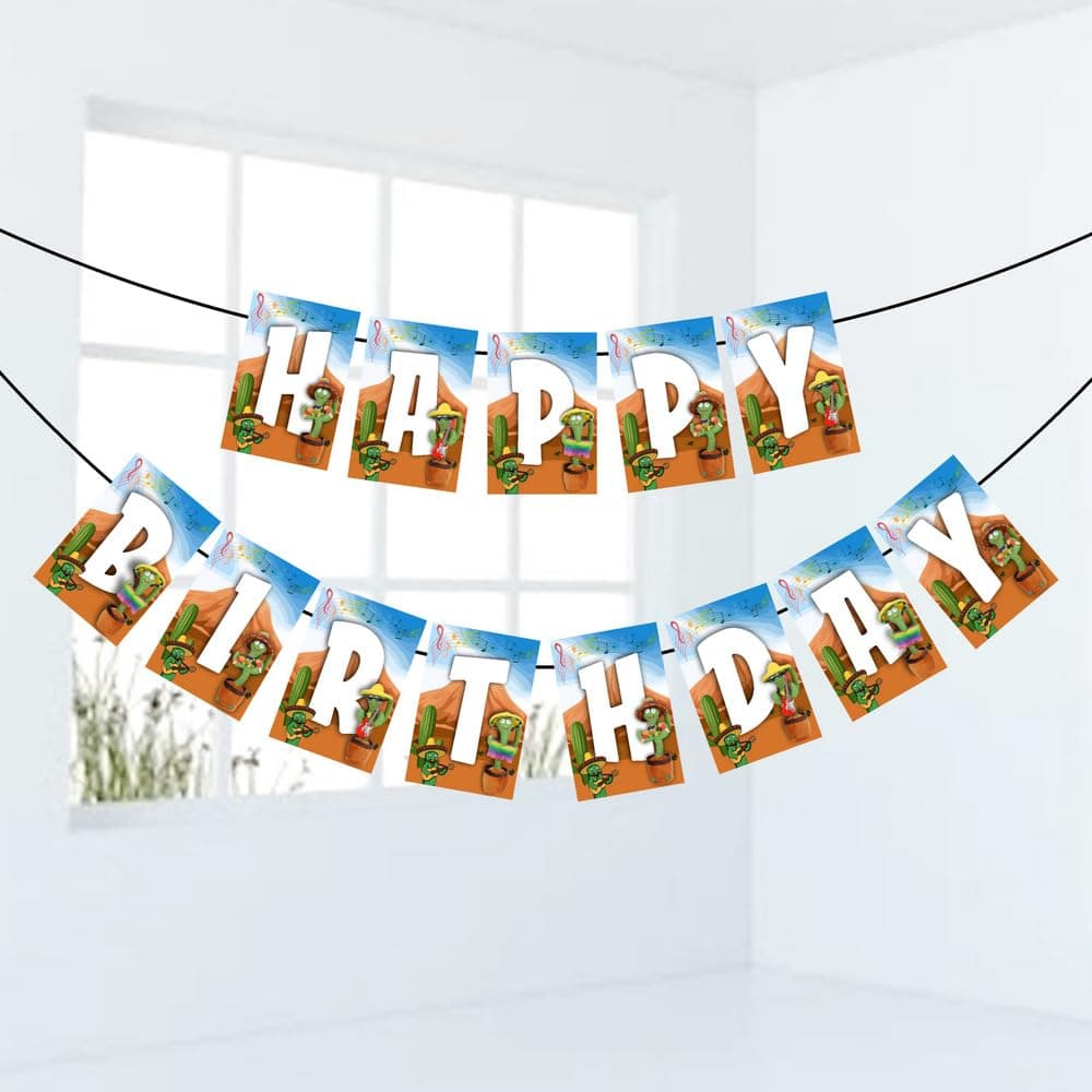Balloonistics Talking Cactus Happy Birthday Banner - Premium Cardstock Dancing Cactus Bunting - "Stay Sharp" Desert Fiesta Birthday Decorations, Fun Mimicking Plant Party Backdrop (Happy Birthday Banner)