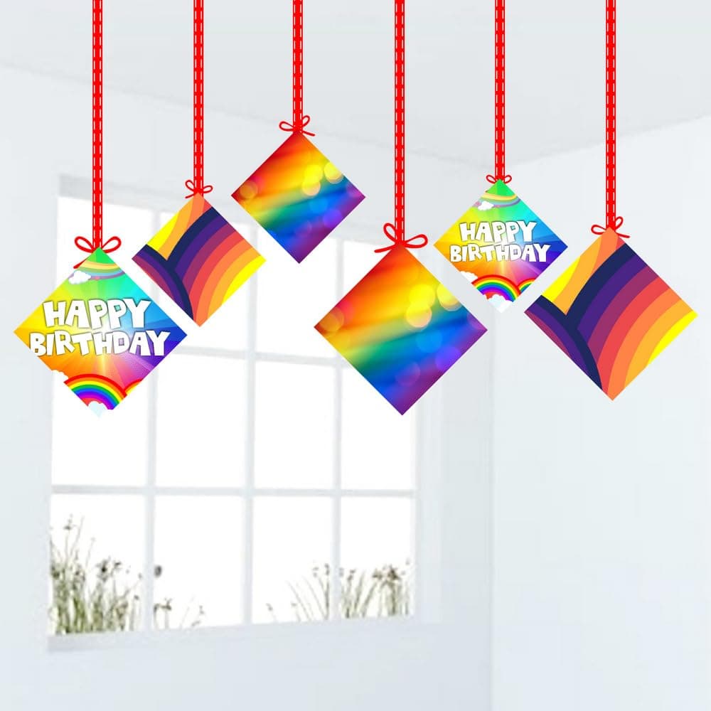 Balloonistics Rainbow Happy Birthday Hanging Decorations - Pack of 12 Double-Sided Cardstock Cutouts with Hanging Ribbons - Vibrant Multi-Color Party Decor for Walls, Windows & Ceiling, Rainbow Theme Supplies (Hangings - Pack of 12)