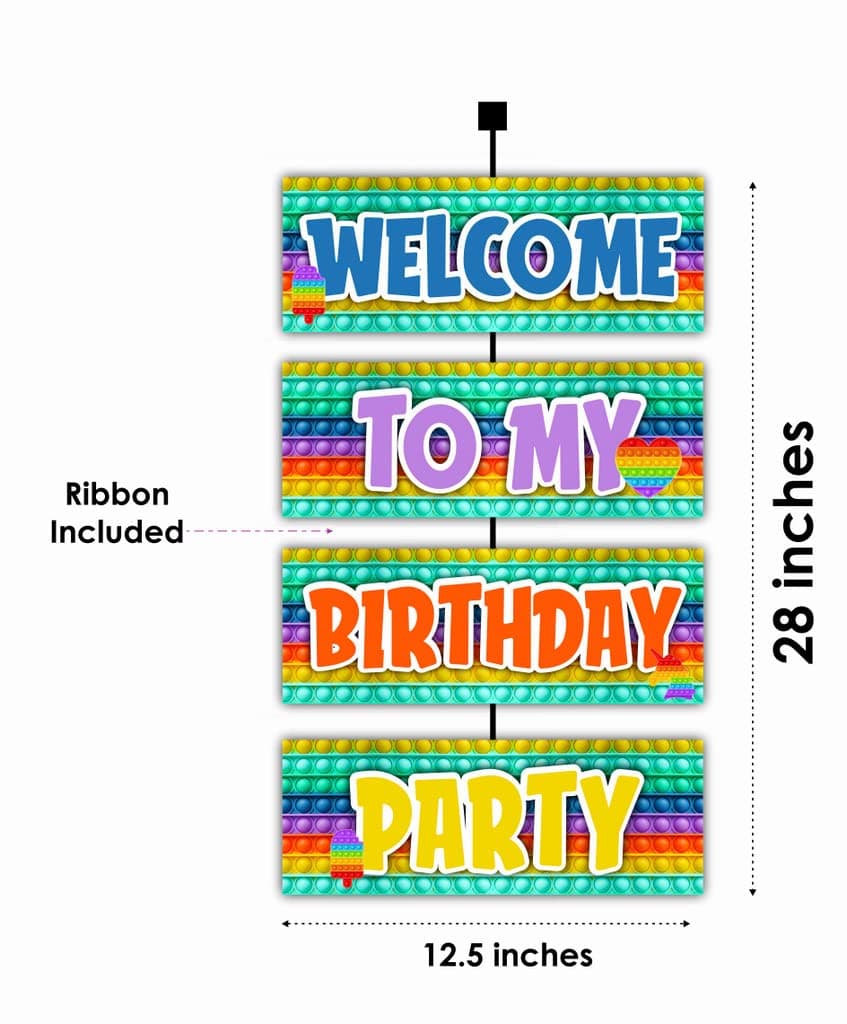 Balloonistics Pop It Theme Happy Birthday Welcome Board - Vibrant Cardstock Door Sign for Indoor & Outdoor Party Decor - 2.3 Feet Large Fidget Toy Theme Backdrop, Includes Hanging Ribbons (Welcome Outdoor Board) thumbnail 2