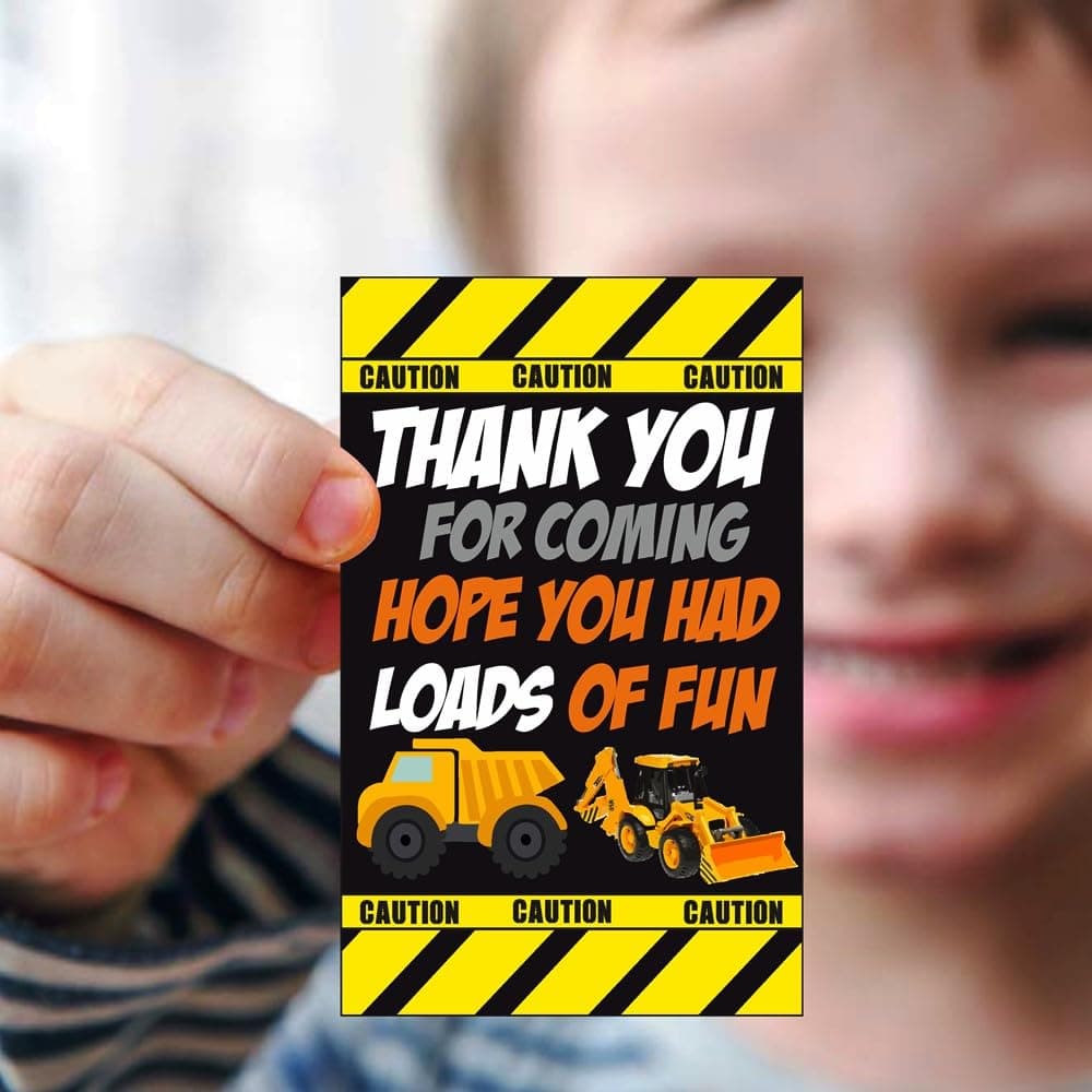 Balloonistics Construction Theme Thank You Cards Kids Birthday Return Gift Tags Premium Cardstock Note Cards for Boys Party Favors, Excavator & Dump Truck Design (Thank you Cards - Pack of 20)