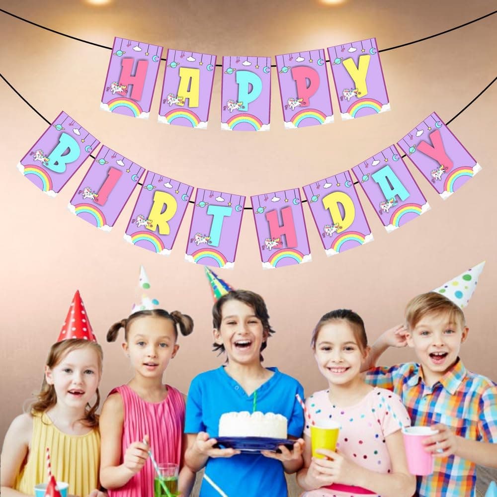 Balloonistics Unicorn Theme Happy Birthday Banner Party Decorations Durable Cardstock for Girls Birthday Backdrop, Includes Hanging Ribbon Party Supplies (Happy Birthday Banner) thumbnail 3
