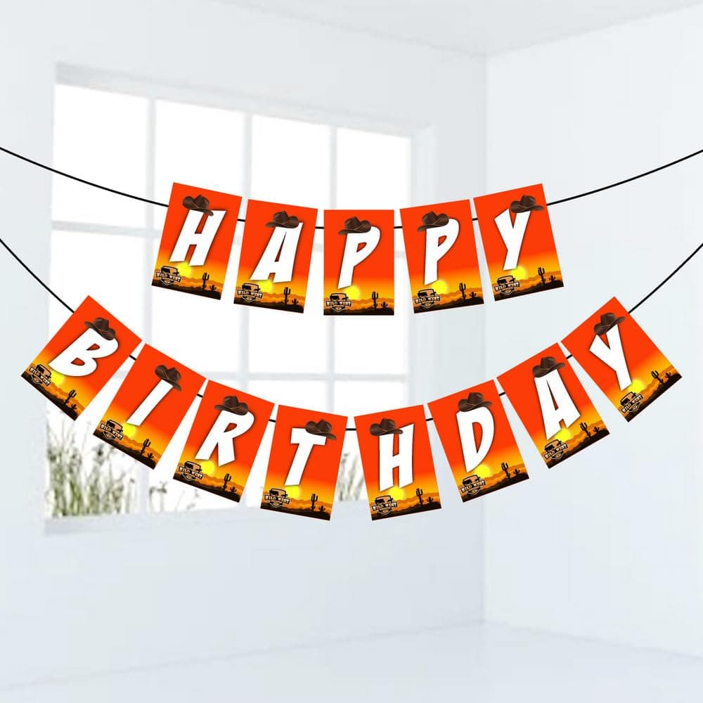 Balloonistics Cowboy Theme Happy Birthday Banner - "Giddy Up" Wild West Party Bunting - Premium Cardstock Western Hat & Horseshoe Birthday Decoration with Ribbons, Rustic Country & Rodeo Backdrop (Happy Birthday Banner)