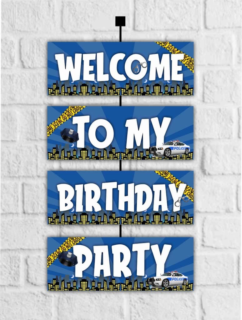 Balloonistics Police Birthday Welcome Board - 2.3 Ft Large Cardstock Law Enforcement Party Sign - Hero Theme Indoor & Outdoor Entrance Decoration, Cop Car & Badge Welcome Display with Ribbons (Welcome Outdoor Board)