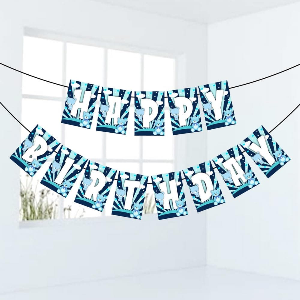 Balloonistics Blue Teddy Bear Birthday Banner - "Mom Theme" Happy Birthday Bunting for Boys' Party Decorations - Premium Cardstock Backdrop for Indoor & Outdoor Use, Includes Ribbon - Cuddly Bear Theme Party Supplies (Happy Birthday Banner) thumbnail 1