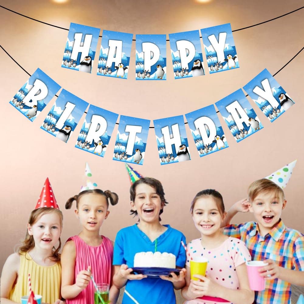 Balloonistics Penguin Happy Birthday Banner - Premium Cardstock Winter Theme Party Bunting - Cute Arctic Birthday Decorations for Kids, "Coolest Party" Birthday Backdrop with Ribbons (Happy Birthday Banner) thumbnail 3