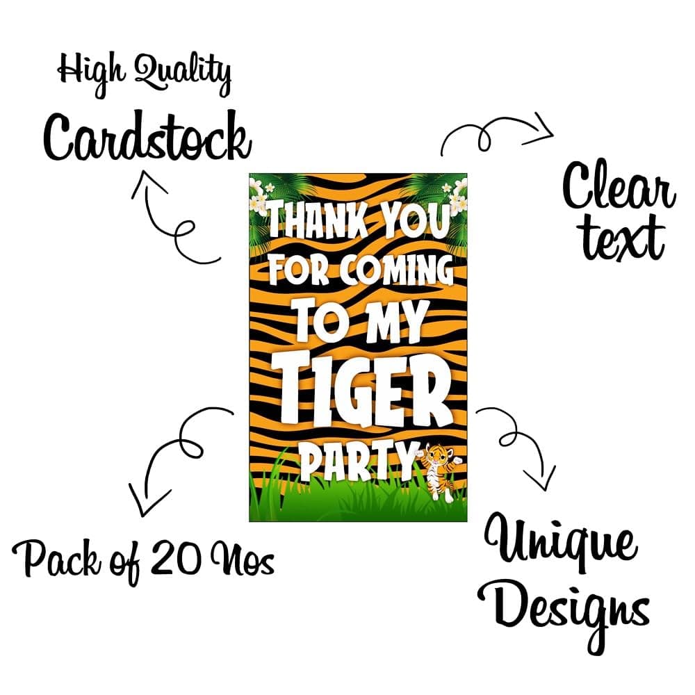 Balloonistics Tiger Theme Thank You Cards - Pack of 20 Premium Matte Note Cards - Jungle Safari & Wild One Birthday Stationery with Matching Envelopes - Double-Sided Cardstock Tiger Face Gratitude Cards (Thank you Cards - Pack of 20) thumbnail 5