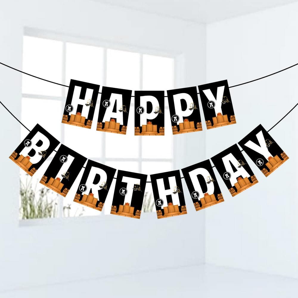 Balloonistics Lawyer Theme Happy Birthday Banner - Sophisticated Legal Professional Birthday Decoration - Premium Cardstock Bunting with Ribbons, Scales of Justice & Gavel Designs. thumbnail 1