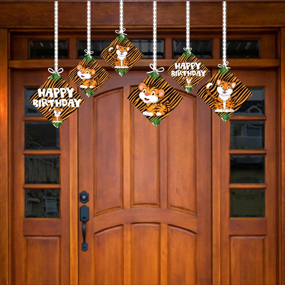 Balloonistics Tiger Theme Happy Birthday Hanging Decorations -Double-Sided Cardstock Cutouts -Jungle Safari & Wild One Party Supplies Includes Ribbons-Orange & Black Tiger Decor ( Hanging Pack of 12) thumbnail 3