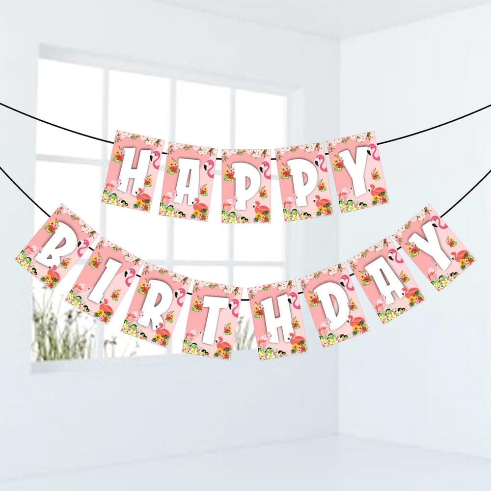 Balloonistics Flamingo Theme Happy Birthday Banner - "Let’s Flamingle" Tropical Bunting - Premium Cardstock Pink Flamingo & Palm Leaf Decoration with Ribbons, Summer Luau & Pool Party Backdrop (Happy Birthday Banner)