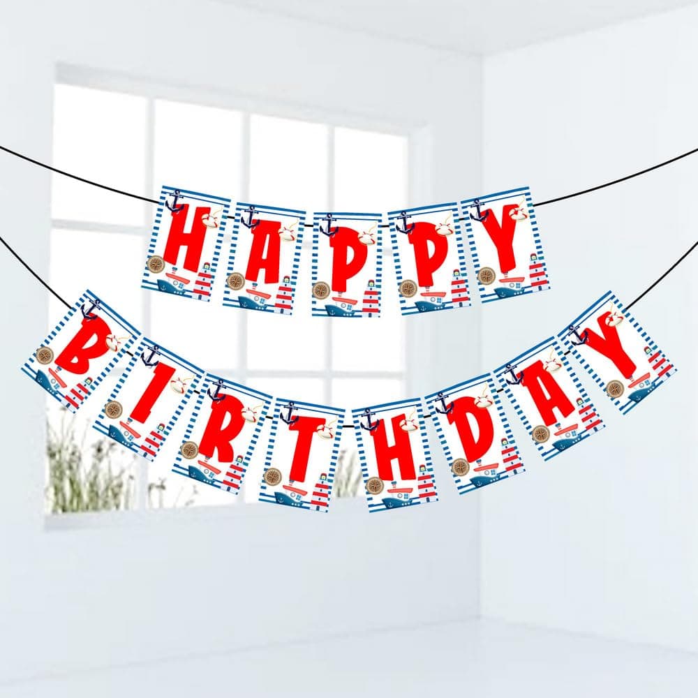 Balloonistics Sailor Theme Happy Birthday Banner – Nautical Navy Blue, Red & White Bunting – Premium Cardstock Anchor & Ship Party Decorations for Kids Birthdays thumbnail 2