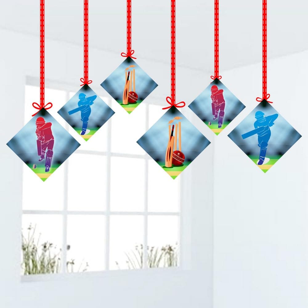 Balloonistics Cricket Theme Hanging Decorations Double-Sided Cardstock Party Hangings with Ribbons Sporty Cricket Party Supplies for Birthday (Hangings - Pack of 12)