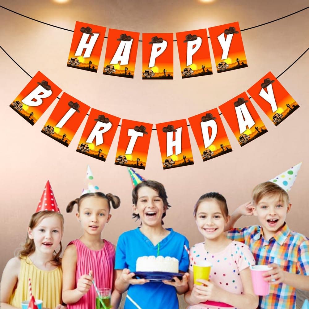 Balloonistics Cowboy Theme Happy Birthday Banner - "Giddy Up" Wild West Party Bunting - Premium Cardstock Western Hat & Horseshoe Birthday Decoration with Ribbons, Rustic Country & Rodeo Backdrop (Happy Birthday Banner) thumbnail 3