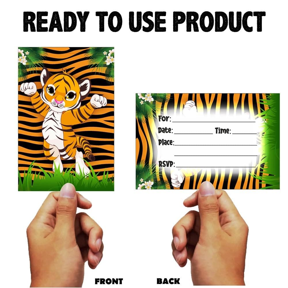 Balloonistics Tiger Theme Birthday Invitations - Pack of 10 Premium Matte Fill-In Cards - Jungle Safari & Wild One Party Invites with Matching Envelopes - Double-Sided Cardstock Tiger Face Stationery (Invite Cards - Pack of 10) thumbnail 4