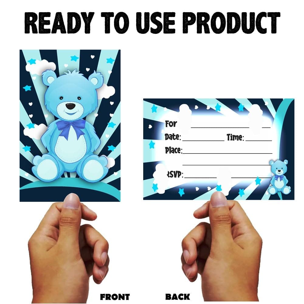 Balloonistics Blue Teddy Bear Birthday Invitation Cards - Pack of 10 Premium Cardstock Invites with Envelopes - Double Sided Printing, Cute Cuddly Bear Theme for Boys’ Birthday Parties and Kids' Celebrations (Invite Cards - Pack of 10) thumbnail 4