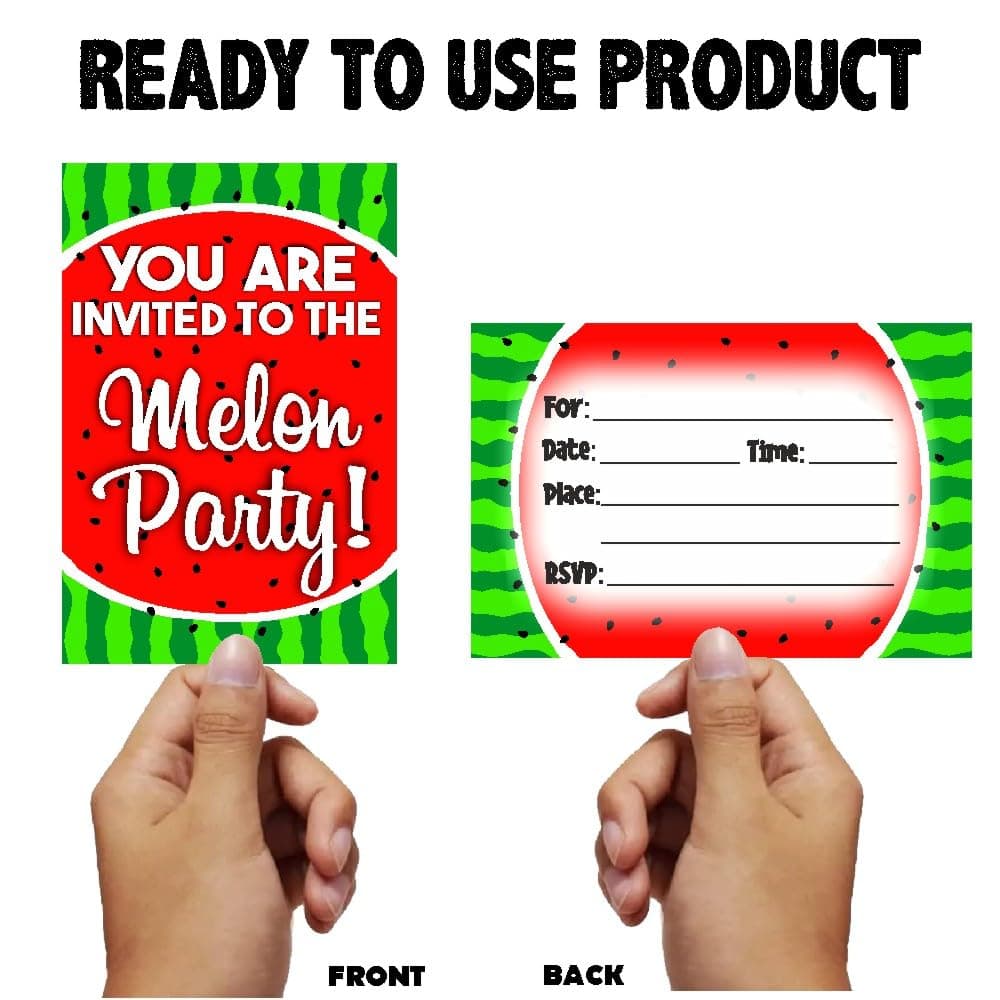 Balloonistics Watermelon Theme Birthday Invitation Cards – Pack of 10 Double-Sided Premium Cardstock Invites with Envelopes – "One in a Melon" Party Supplies for Girls & Boys Summer Birthdays thumbnail 4