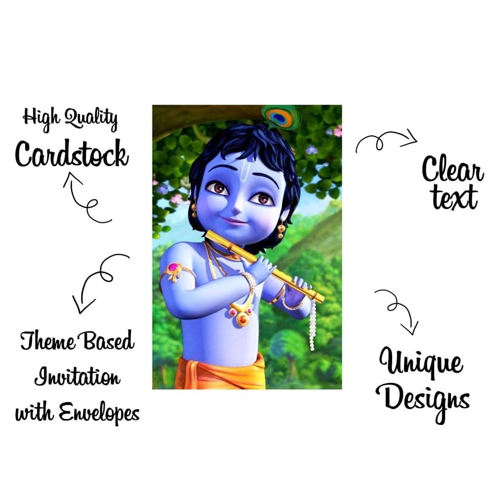 Balloonistics Krishna Theme Birthday Invitation Cards Premium Cardstock Double-Sided Printed Invite for Kids Party Multicolor Invitations (Invite Cards - Pack of 10) thumbnail 5