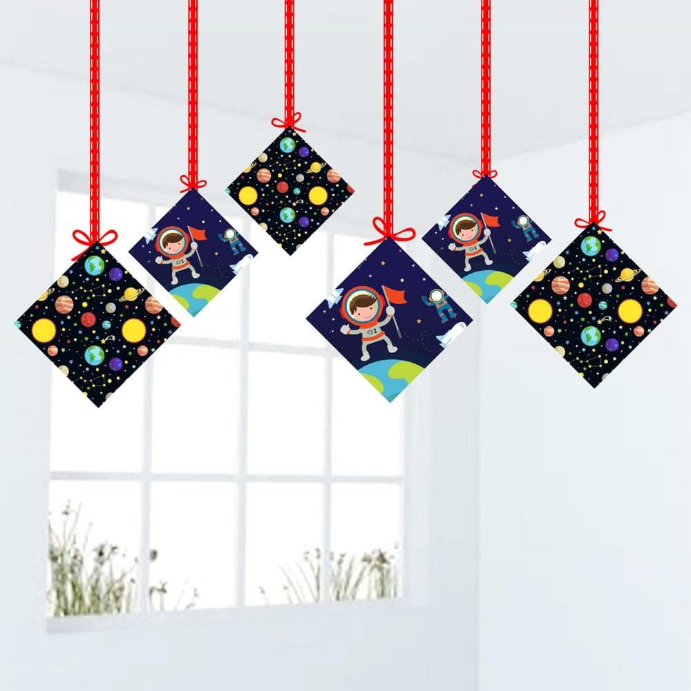 Balloonistics Space Theme Hanging Decorations Double-Sided Cardstock Cutouts with Ribbon Party Supplies for Kids Birthdays (Hangings - Pack of 12)