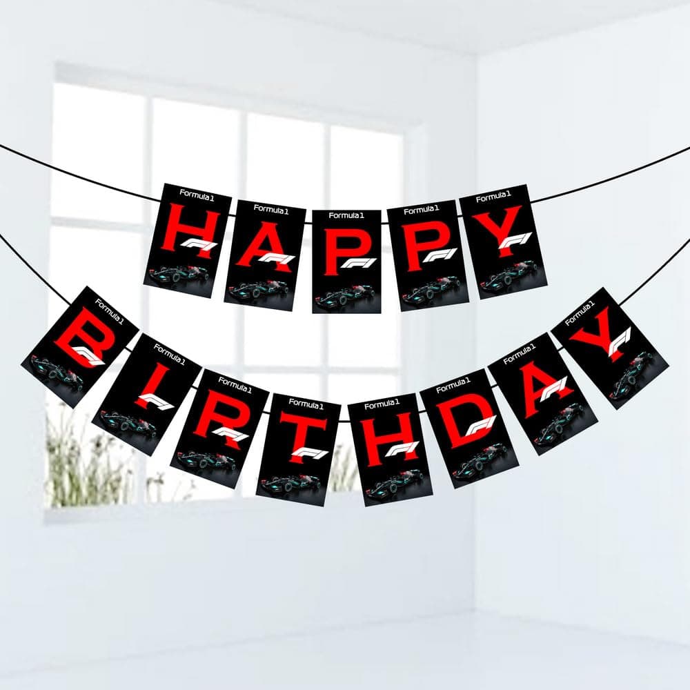 Balloonistics Formula 1 Theme Happy Birthday Banner Racing Theme Party Backdrop, Double-Sided Cardstock with Ribbon Decorations for Kids (Happy Birthday Banner) thumbnail 1