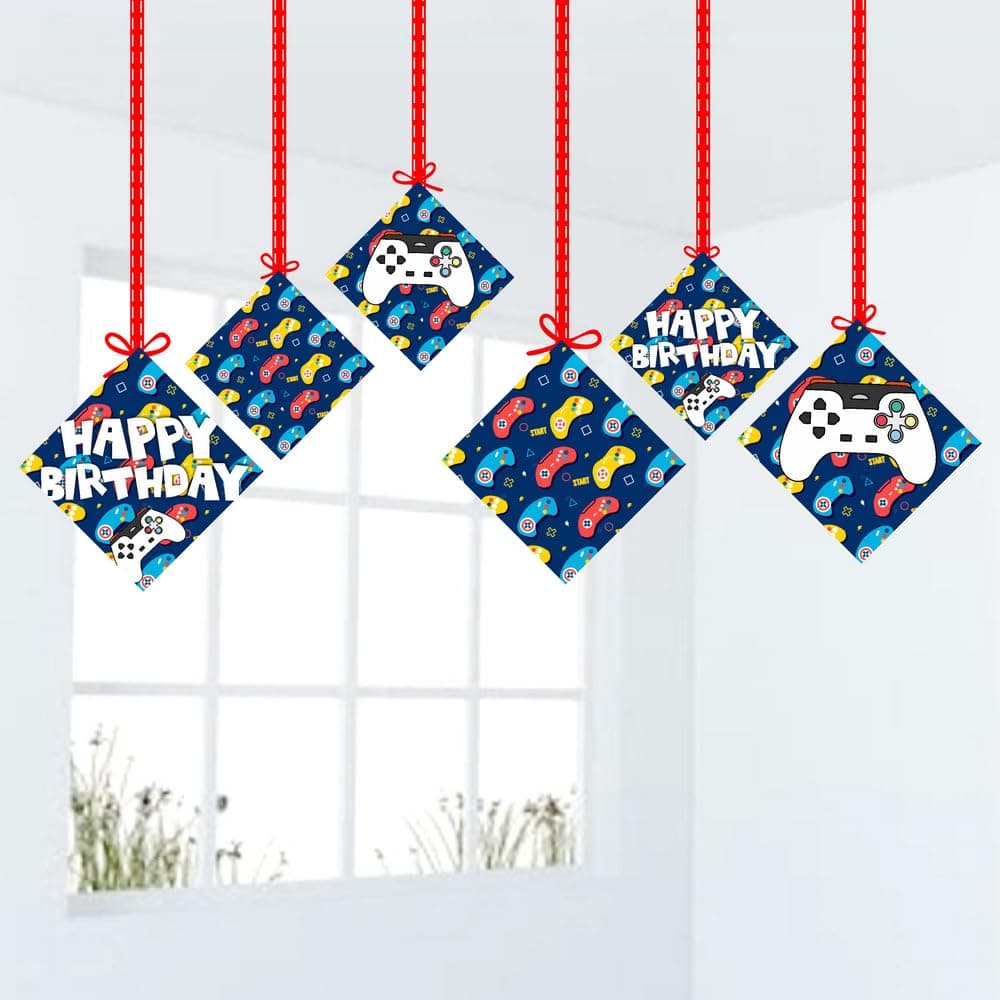 Balloonistics Video Game Theme Birthday Ceiling Hangings - Double-Sided Cardstock Gaming Decorations - Level Up Gamer Party Supplies for Boys & Kids, Includes Ribbons for Easy Hanging (Hangings - Pack of 12)