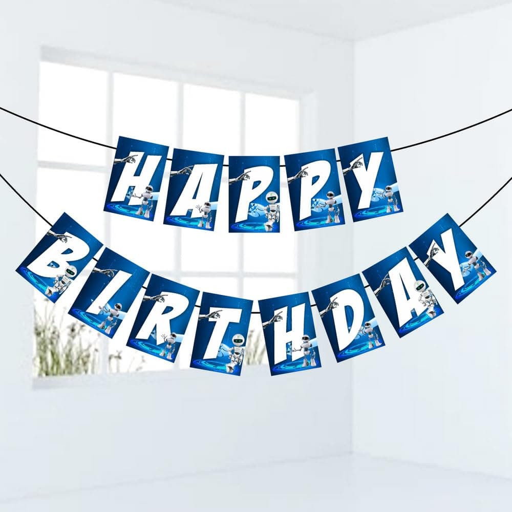 Balloonistics Robot Theme Happy Birthday Banner - Vibrant Cardstock Mechanical Bunting for Futuristic Party Backdrop - Sci-Fi & STEM Birthday Decoration for Kids with Hanging Ribbon (Happy Birthday Banner)