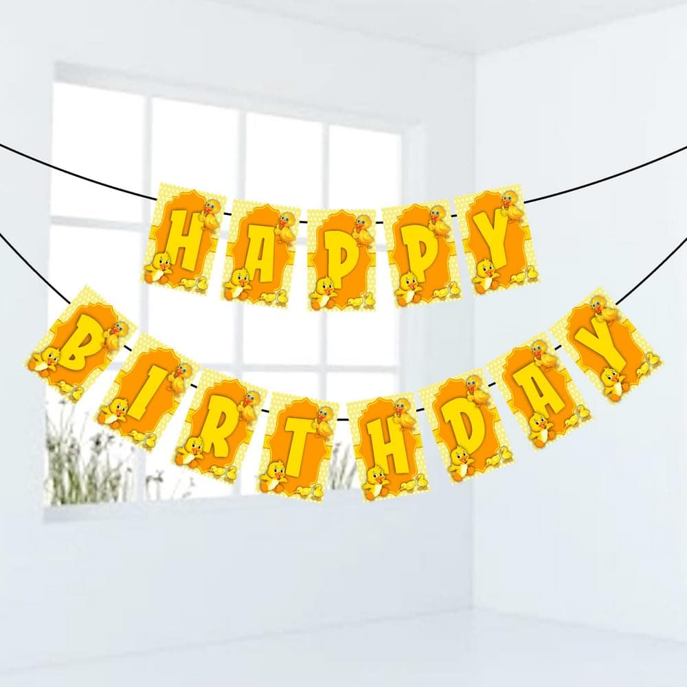 Balloonistics Duck Theme Happy Birthday Banner - "One Lucky Duck" Rubber Ducky Bunting - Premium Cardstock Yellow Ducky & Bubble Birthday Decoration with Ribbons, Whimsical Splish Splash Party Backdrop (Happy Birthday Banner)