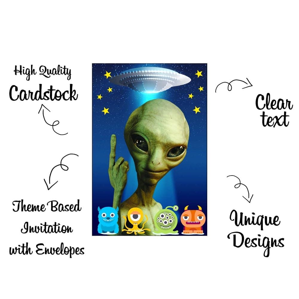 Balloonistics Aliens Theme Birthday Invitation Cards - Pack of 10 Out of This World Galaxy & Outer Space Invites with Envelopes - Double-Sided Cardstock Fill-in Invitations for Kids & Adults, UFO & Martian Party Supplies (Invite Cards - Pack of 10) thumbnail 5