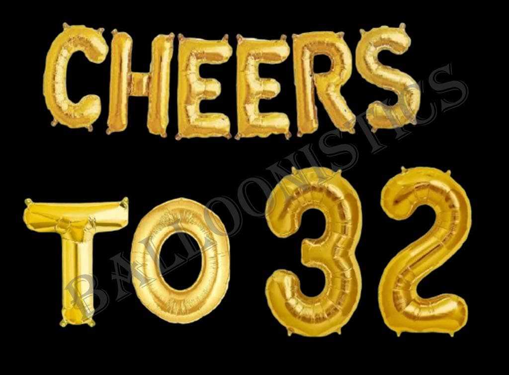 Balloonistics 'Cheers to 32' Gold Foil Balloon Combo – Number 32 Balloon for 32nd Birthday & Anniversary Decoration thumbnail 2
