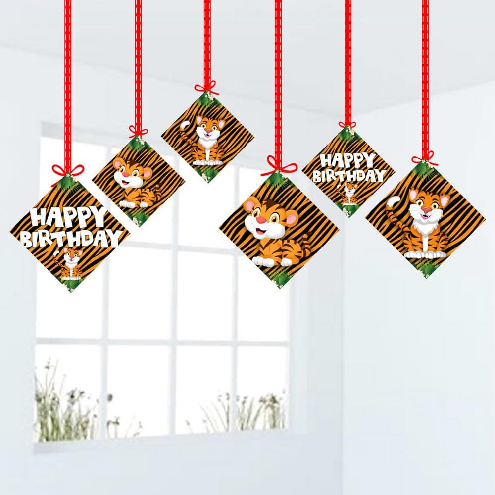 Balloonistics Tiger Theme Happy Birthday Hanging Decorations -Double-Sided Cardstock Cutouts -Jungle Safari & Wild One Party Supplies Includes Ribbons-Orange & Black Tiger Decor ( Hanging Pack of 12) thumbnail 1