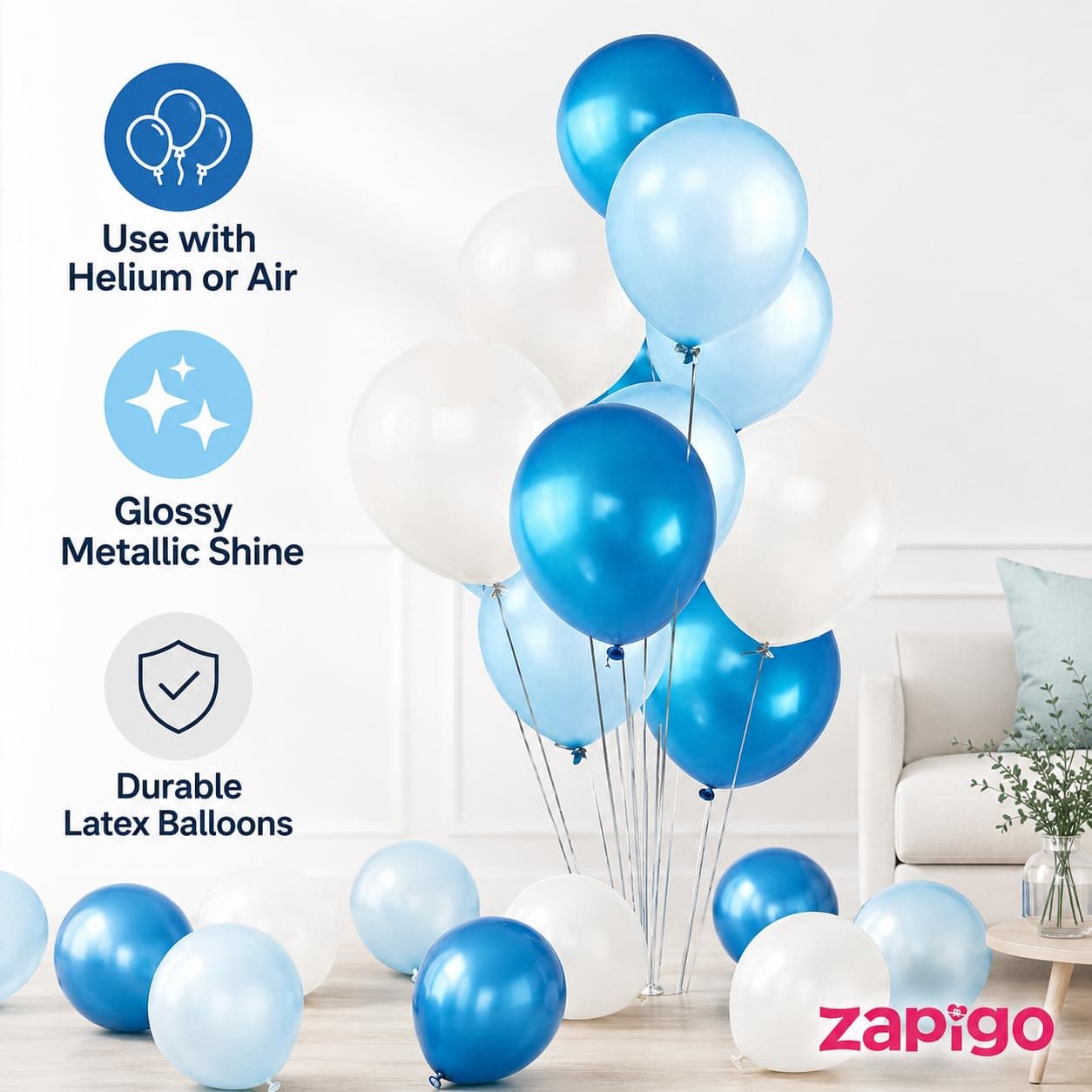 Balloonistics 50-Pack Metallic HD Dark Blue, Light Blue & White Latex Balloons – Shiny 3-Colour Combo for Baby Shower, Boys Birthday, Ocean Theme & Party Decoration thumbnail 7