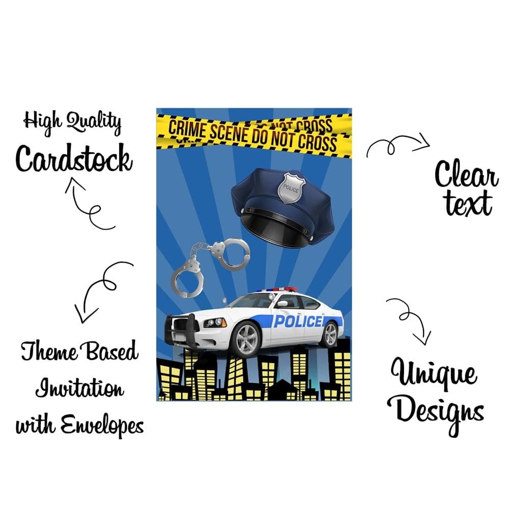 Balloonistics Police Theme Birthday Invitation Cards - Pack of 10 Premium Cardstock Invites - Law Enforcement Party Supplies, Police Officer "Reporting for Duty" Hero Theme Invitations (Invite Cards - Pack of 10) thumbnail 5