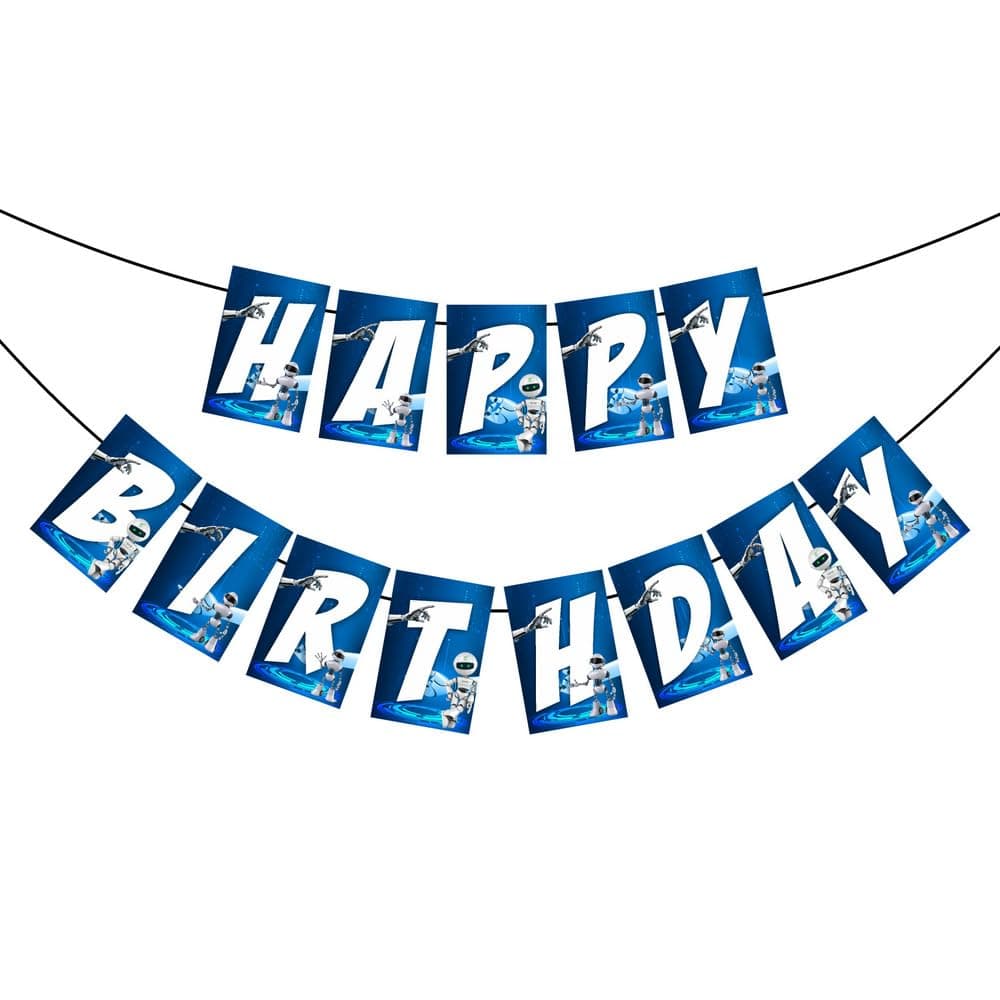 Balloonistics Robot Theme Happy Birthday Banner - Vibrant Cardstock Mechanical Bunting for Futuristic Party Backdrop - Sci-Fi & STEM Birthday Decoration for Kids with Hanging Ribbon (Happy Birthday Banner) thumbnail 2