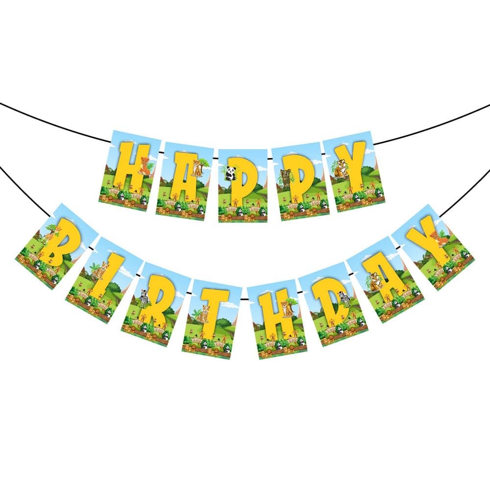 Balloonistics Zoo Theme Happy Birthday Banner - Large Cardstock "Wild One" Bunting with Lion, Giraffe & Monkey Designs - Jungle Safari & Animal Kingdom Party Decorations (Happy Birthday Banner) thumbnail 2