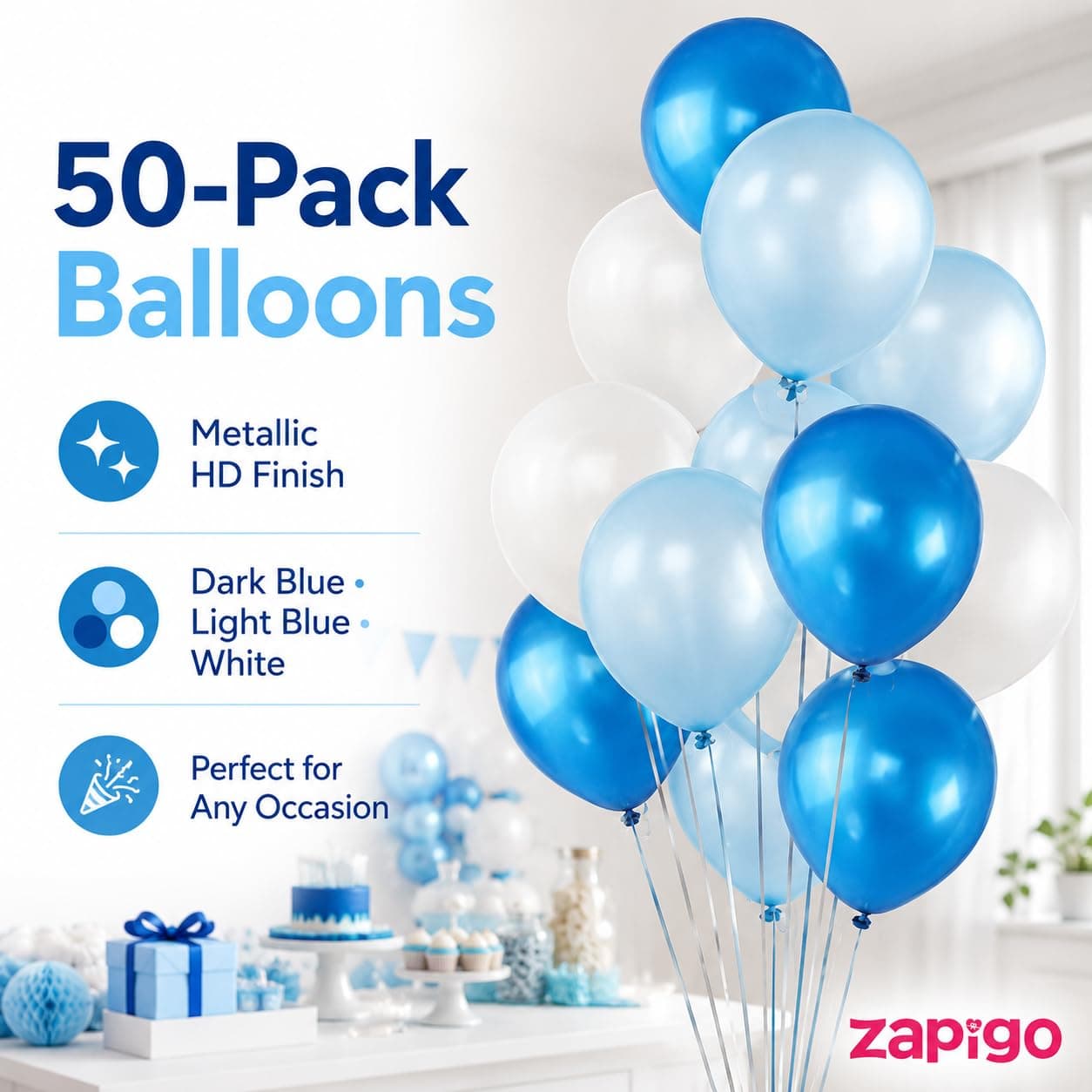 Balloonistics 50-Pack Metallic HD Dark Blue, Light Blue & White Latex Balloons – Shiny 3-Colour Combo for Baby Shower, Boys Birthday, Ocean Theme & Party Decoration thumbnail 6