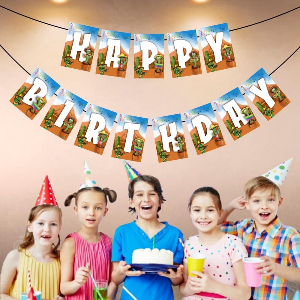 Balloonistics Talking Cactus Happy Birthday Banner - Premium Cardstock Dancing Cactus Bunting - "Stay Sharp" Desert Fiesta Birthday Decorations, Fun Mimicking Plant Party Backdrop (Happy Birthday Banner) thumbnail 3