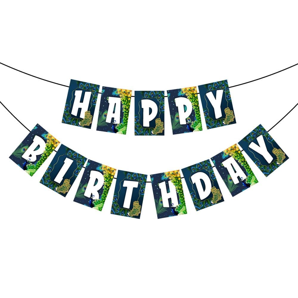 Peacock Theme Happy Birthday Banner - Majestic Teal & Gold Cardstock Bunting - Royal Indian Bird, Plumage & Floral Party Decorations, Elegant Garden Backdrop (Happy Birthday Banner) thumbnail 2